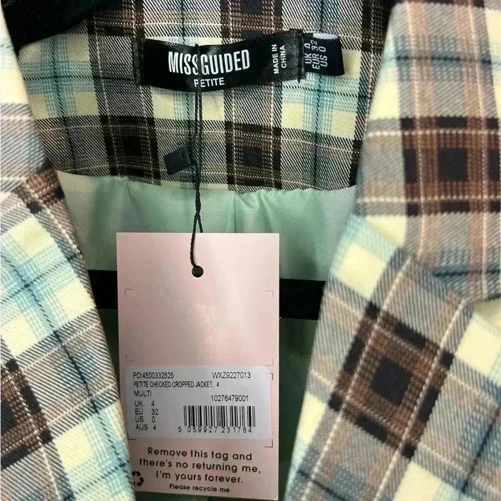 ASOS MISGUIDED PETITE SIZE 0. Plaid cropped blazer with button front. NWT - Picture 9 of 9